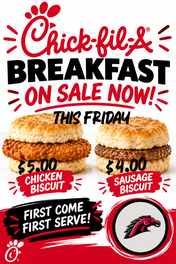 An advertisement shows two breakfast options: Chicken Biscuit at $5.00 and Sausage Biscuit at $4.00, with a mascot logo.