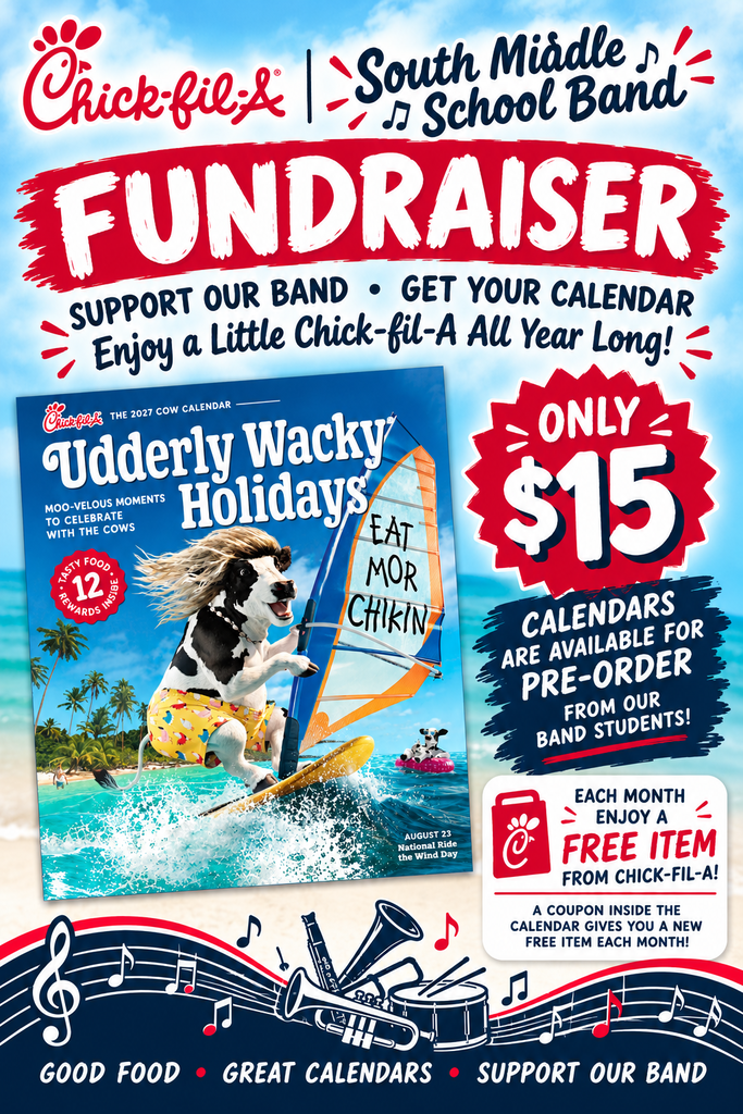 Fundraiser poster featuring a dog windsurfing, a calendar, and details about the event. The poster promotes a calendar for pre-order.