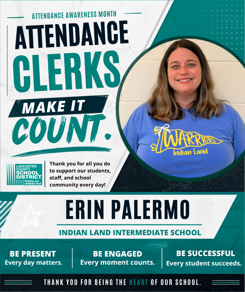 A poster highlights attendance awareness month. It features a smiling woman in a blue shirt. The text reads "Attendance Clerks Make It Count."