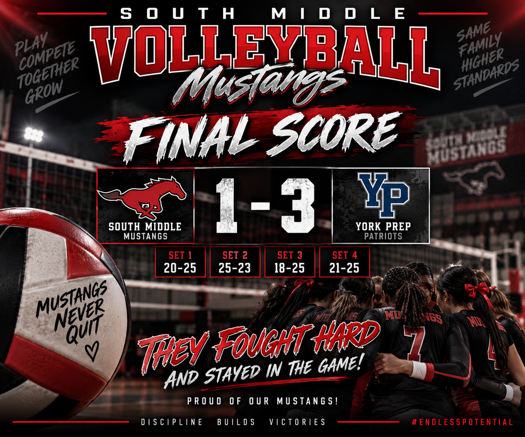 A sports poster for South Middle Volleyball Mustangs shows a final score of 1-3 against York Prep Patriots. The poster features a volleyball and a team photo.