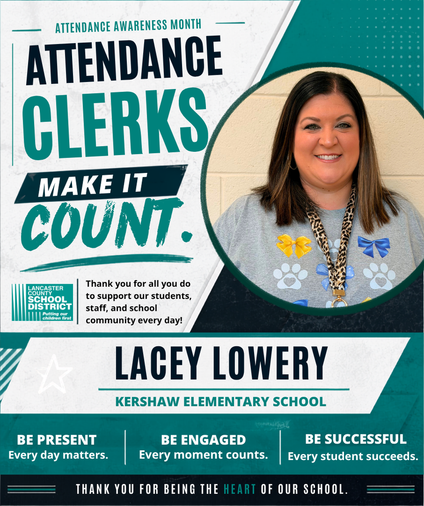 A poster features a woman named Lacey Lowery. She wears a bow and necklace. Text reads "Attendance Clerks Make It Count".