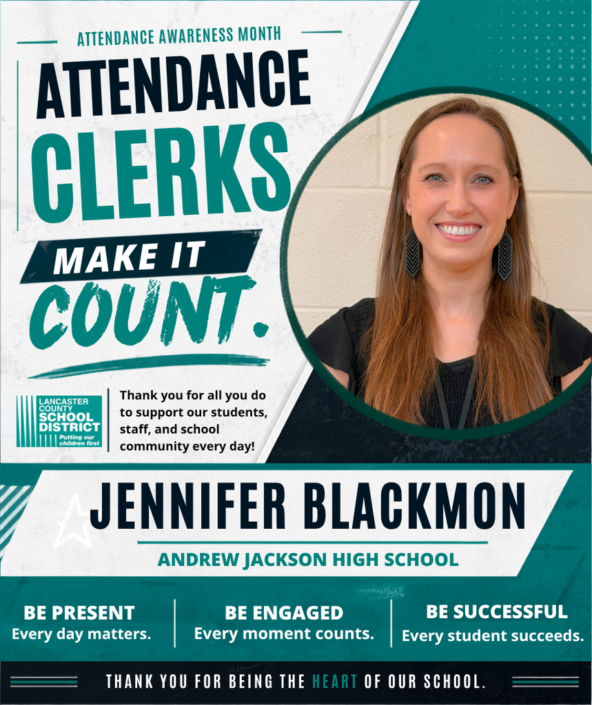A poster highlighting Attendance Clerks. It features a woman with a smiling face. It reads: Attendance Clerks Make It Count.