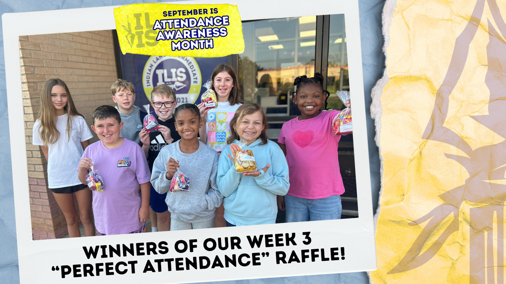 A group of children, smiling, holding prizes, stand before a building. A text overlay reads, "Winners of our Week 3 'Perfect Attendance' Raffle!"