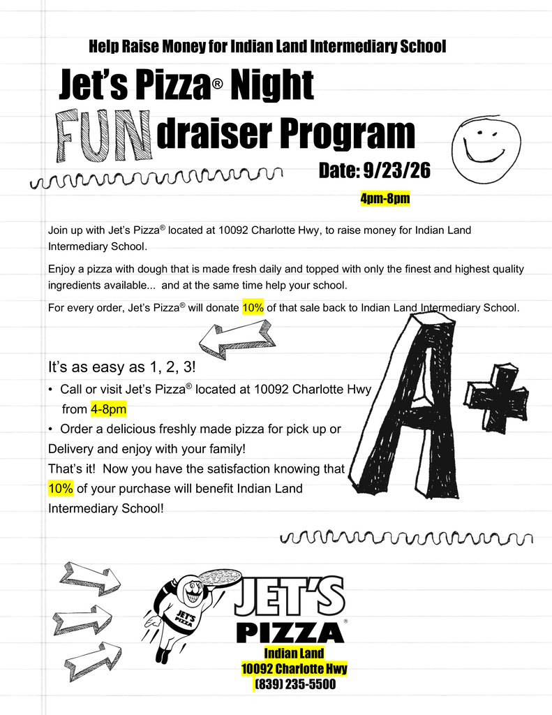 Flyer with a smiling face, text, and drawings. It promotes Jet's Pizza Night fundraiser for Indian Land Intermediate School.