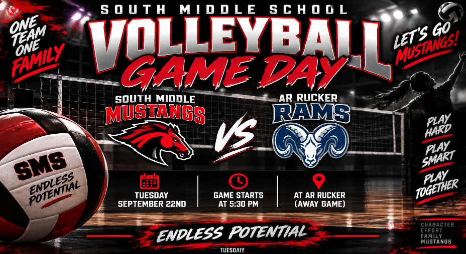 An advertisement for South Middle School's Volleyball Game Day featuring mascots, a ball, and a net.