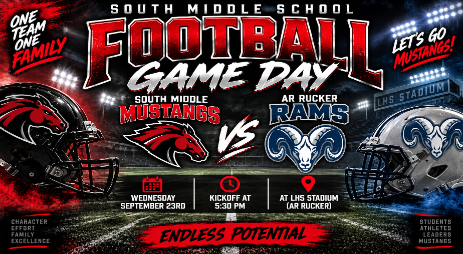 Poster for a football game featuring South Middle School Mustangs and Rucker Rams. Helmets and mascots are shown with game details.