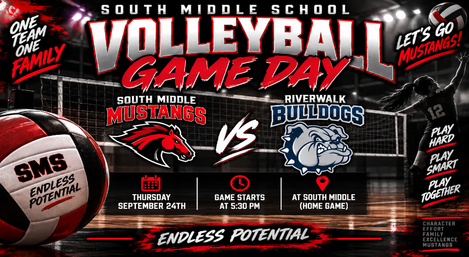 Volleyball game day poster with the text "South Middle School Mustangs vs. Riverwalk Bulldogs" and a ball.away game