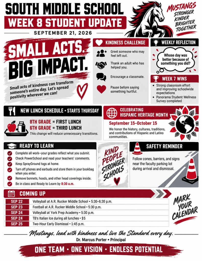 A flyer displays weekly updates, including a new lunch schedule, events, and safety reminders for students, with a red, white, and black color scheme.