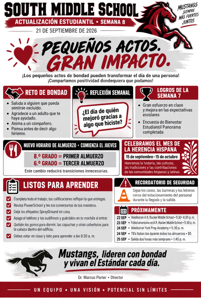 A dark background displays red text and icons. Main text reads "Pequenos Actos. Gran Impacto." Sections include "Reto de Bondad" and "Celebramos el Mes de la Herencia Hispana".