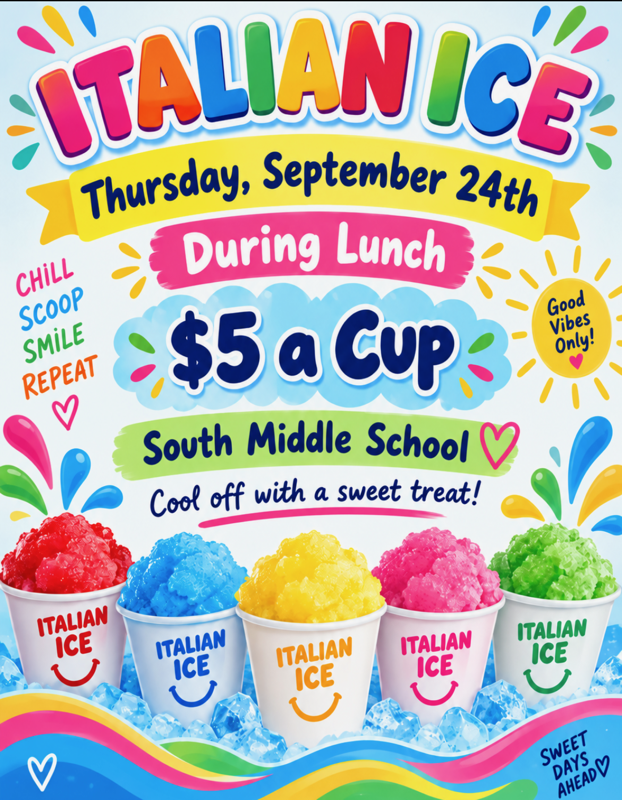 Advertisement for Italian Ice event on Thursday, September 24th. $5 a cup, with colorful ice treats in cups.