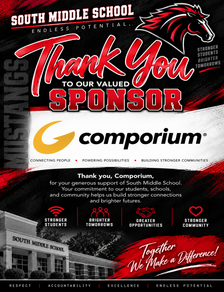 A poster with bold text reads "Thank You to our valued sponsor Comporium." It features the Comporium logo and an image of a school building.