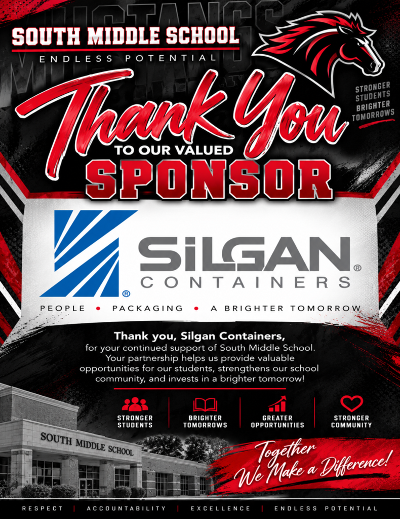 A poster reads "Thank you to our valued sponsor" with an image of a horse. Below it, "Silgan Containers" is highlighted, followed by a school building.