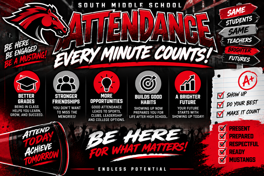 Poster with red background and black text. It highlights the importance of attendance and includes phrases like "Every Minute Counts!" and "Be Here for What Matters!"