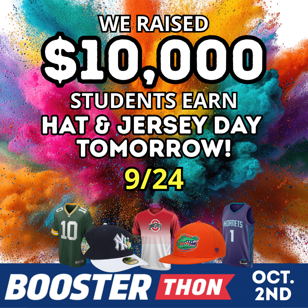 Advertisement for hat and jersey day. Colorful background with sports jerseys and caps. Raised $10,000. Date: 9/24.