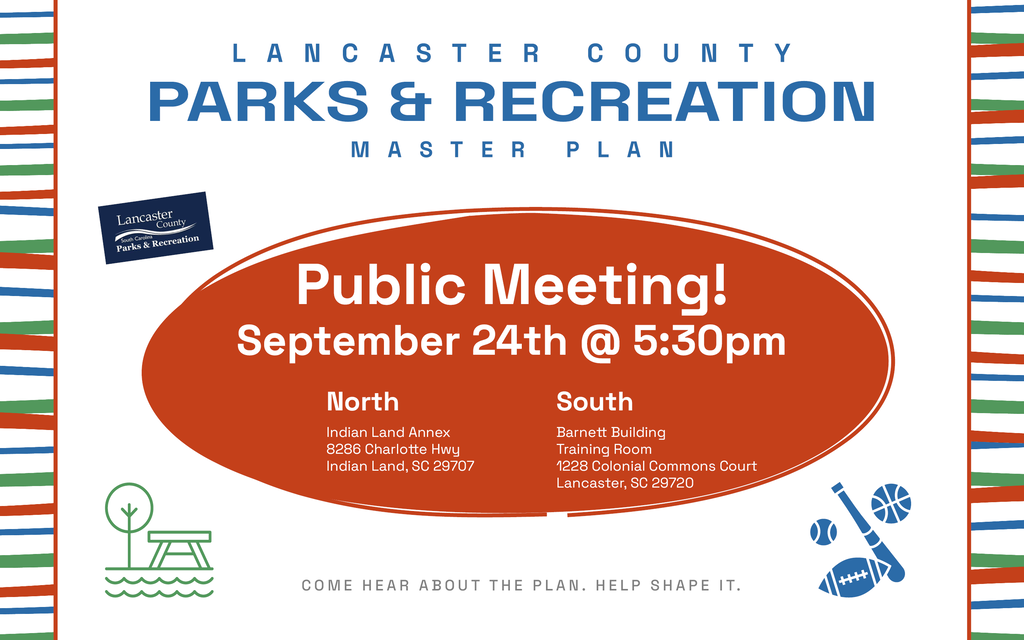 A poster with a blue border. It reads "Lancaster County Parks & Recreation Master Plan" and "Public Meeting! September 24th @ 5:30pm" in large letters.