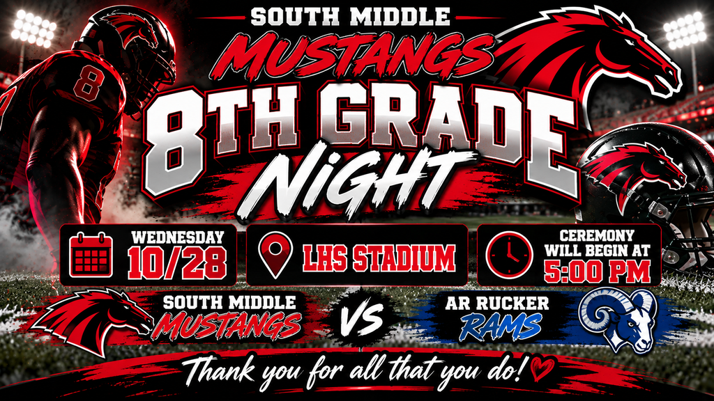 A sports event poster shows teams with mascots. Date, location, and time details are displayed. Text reads "South Middle Mustangs vs AR Rucker Rams."