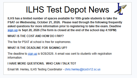 An announcement about ILHS Test Depot News with headings and questions like "What is the cost?" and "What is the deadline?"