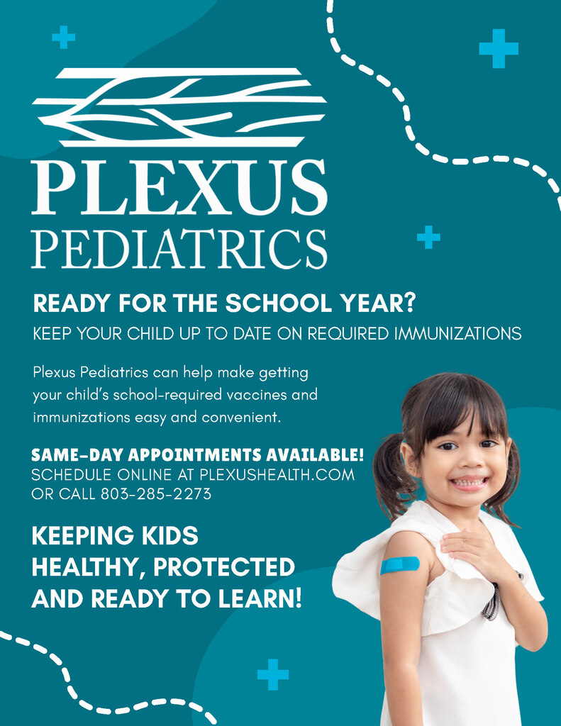 An advertisement for Plexus Pediatrics shows a smiling girl in a white dress with a blue bandage on her arm.