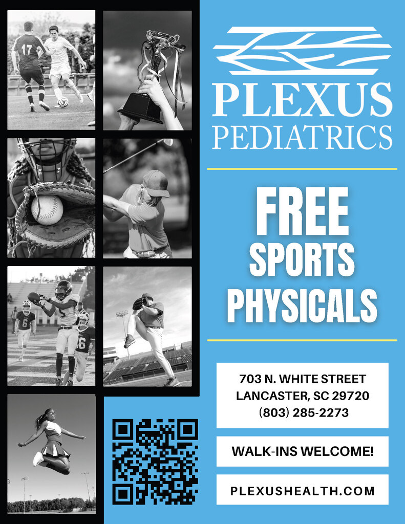 Blue and white flyer with "Plexus Pediatrics" and "Free Sports Physicals" in large letters. Small images of sports activities are scattered. QR code and website URL at the bottom.