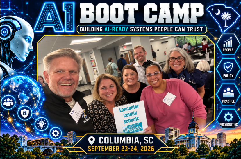 A group of people pose for a photo at an AI boot camp event in Columbia, SC.