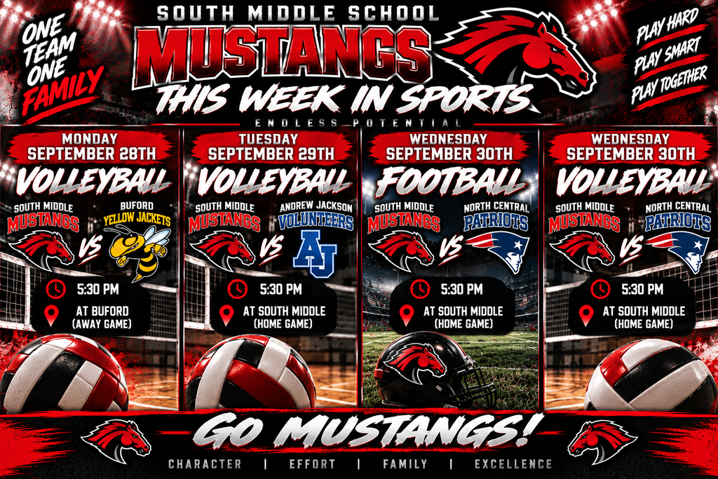 Weekly sports schedule for South Middle School. Features volleyball and football games with teams and times.