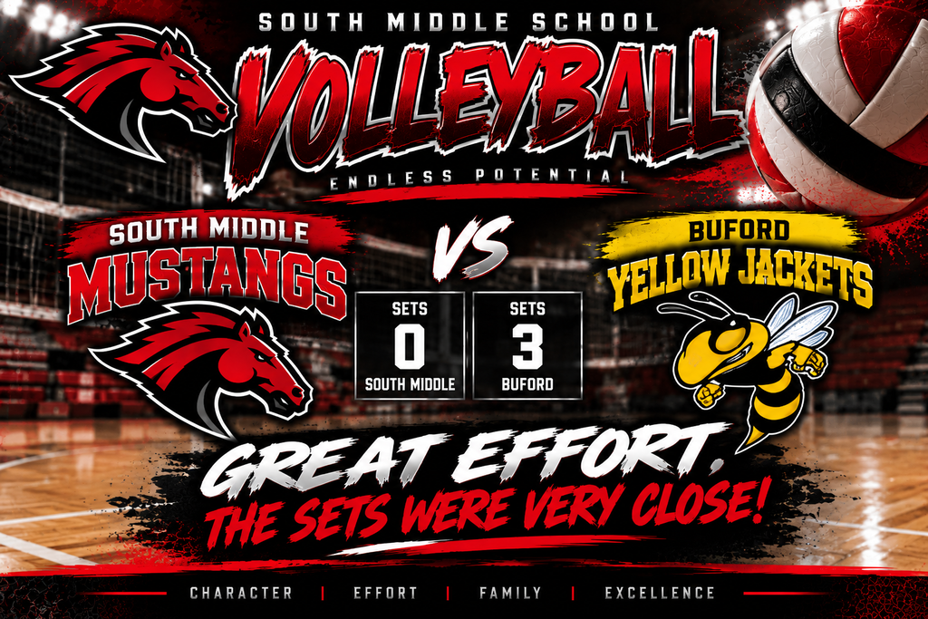 Poster showing a volleyball match between South Middle Mustangs and Buford Yellow Jackets. The score is 0 to 3 in favor of Buford.