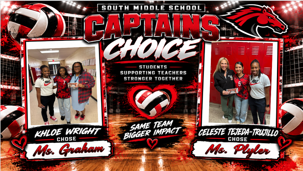 Banner with "Captains Choice" and a horse logo, featuring two photos of students holding awards in front of a volleyball backdrop.