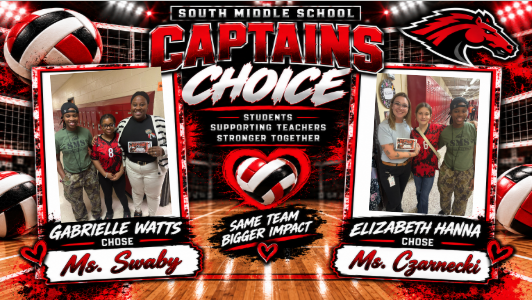 Volleyball-themed graphic with photos of a team, names, and text including "Captains Choice" and "Students Supporting Teachers Stronger Together."