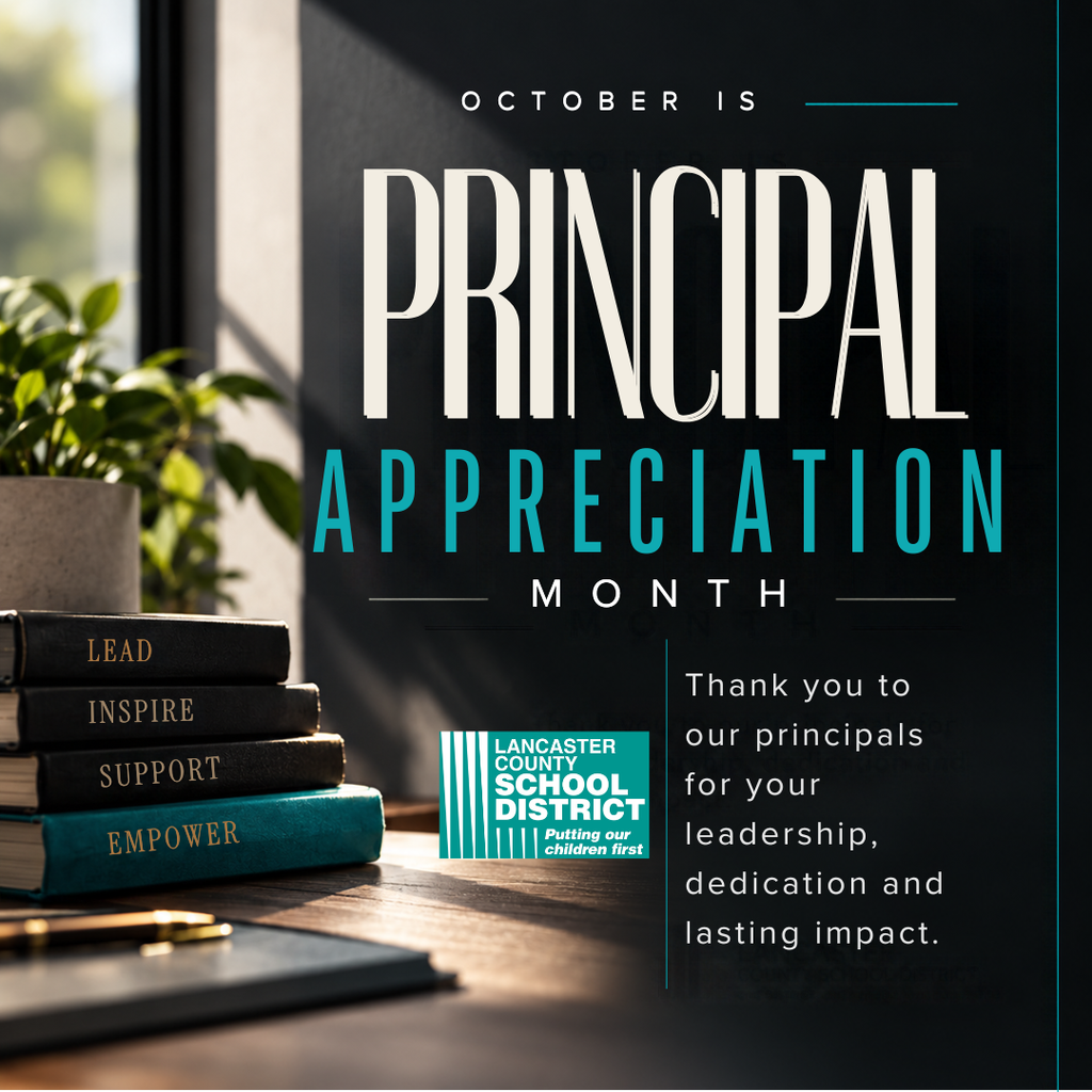 Books, a potted plant, and a pen on a desk. Text reads "OCTOBER IS PRINCIPAL APPRECIATION MONTH."