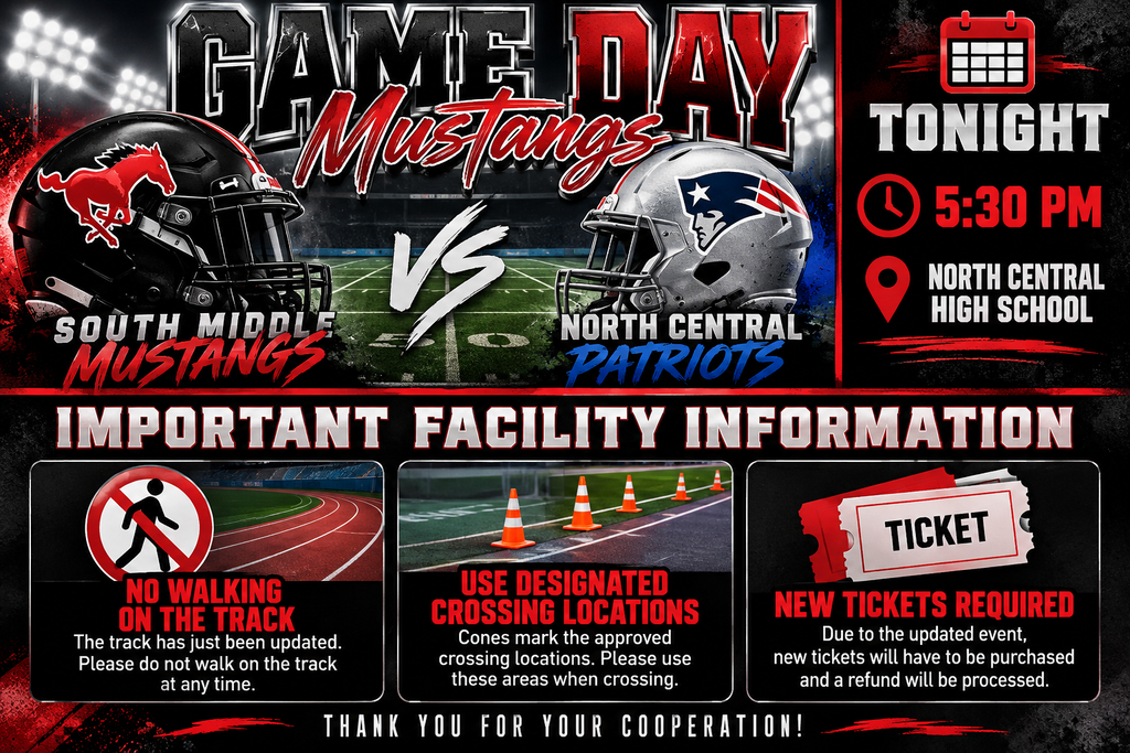 A flyer shows the Mustangs vs. Patriots game. Helmets, track, and crossing signs are shown. Tickets are required.