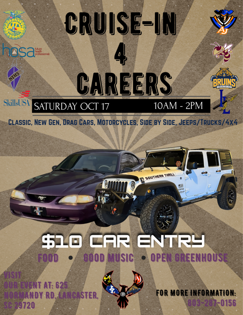 A poster for the Cruise-In 4 Careers event on Saturday, Oct. 17, from 10 a.m. to 2 p.m. It shows a purple car and a white SUV.