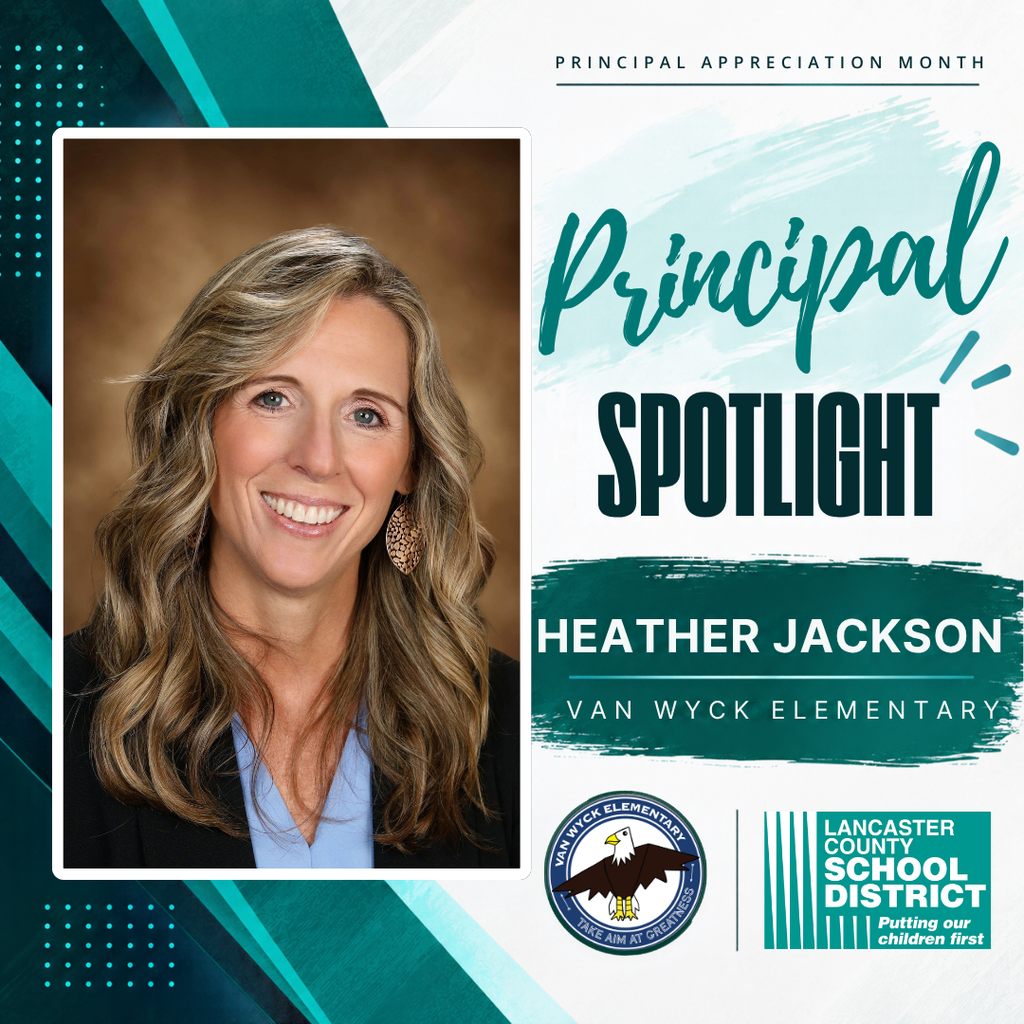 A woman smiles, surrounded by a green and blue background. Text reads "Principal Spotlight: Heather Jackson Van Wyck Elementary."