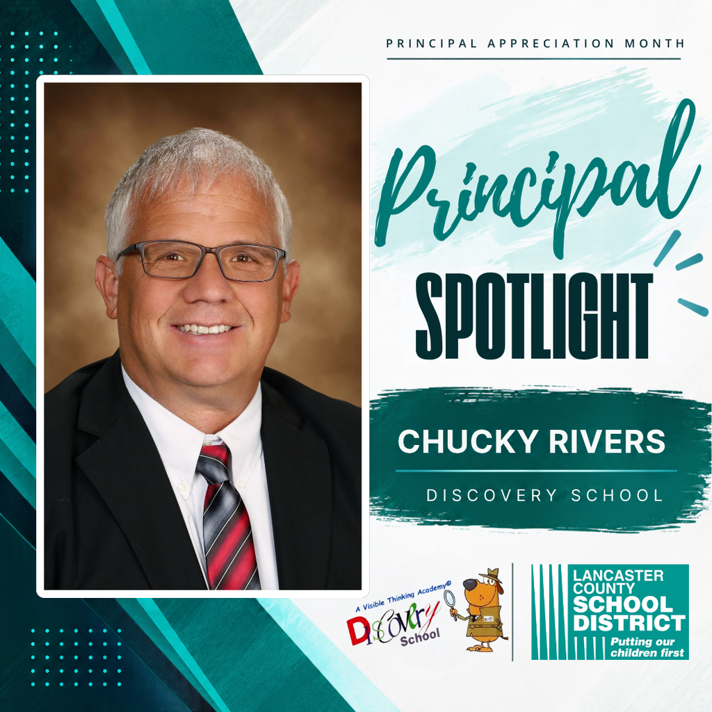 A smiling man in a black suit and red tie. The poster reads "Principal Spotlight" with "Chucky Rivers" and "Discovery School" in white.