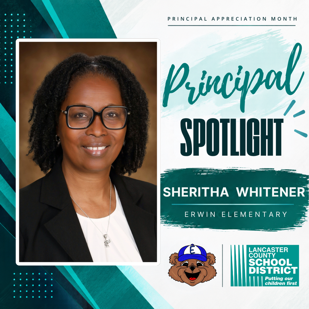 A woman in glasses and a blazer smiles at the camera with "Principal Spotlight" and "Sheritha Whitener" displayed.