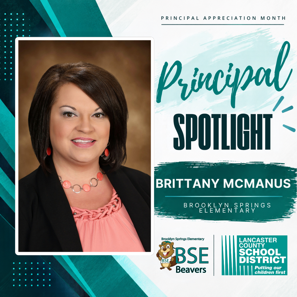 Image with teal background. It features a photo of a woman. The title reads "Principal Spotlight" with the name Brittany McManus.