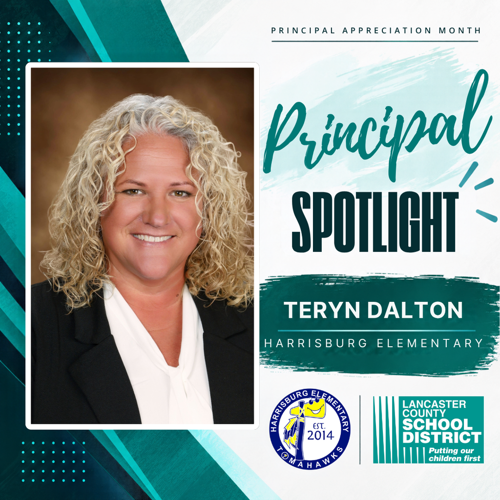 A smiling woman with curly blonde hair, wearing a white blouse and black blazer. Text reads "Principal Spotlight" and "TERYN DALTON, HARRISBURG ELEMENTARY".