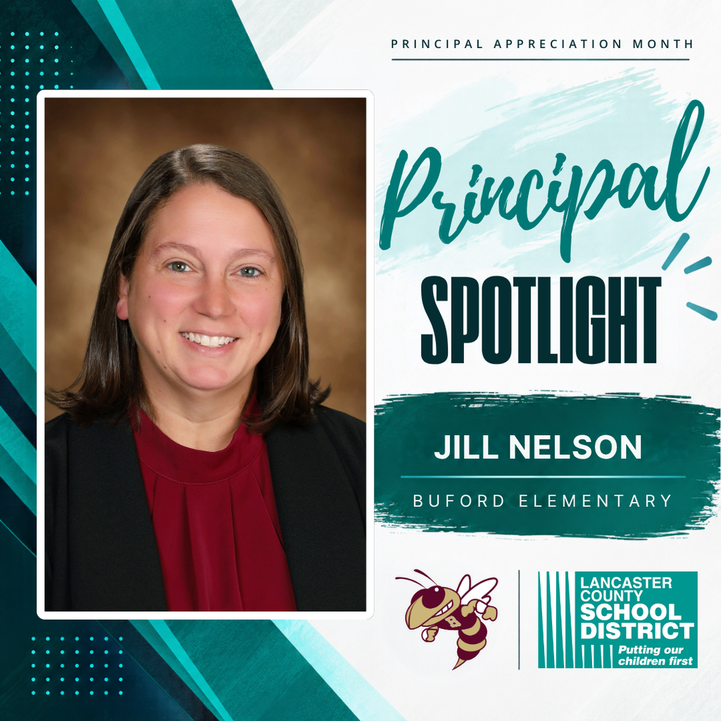 A smiling woman in a red shirt and black blazer stands against a green and blue background. Text reads "Principal Spotlight: Jill Nelson, Buford Elementary".