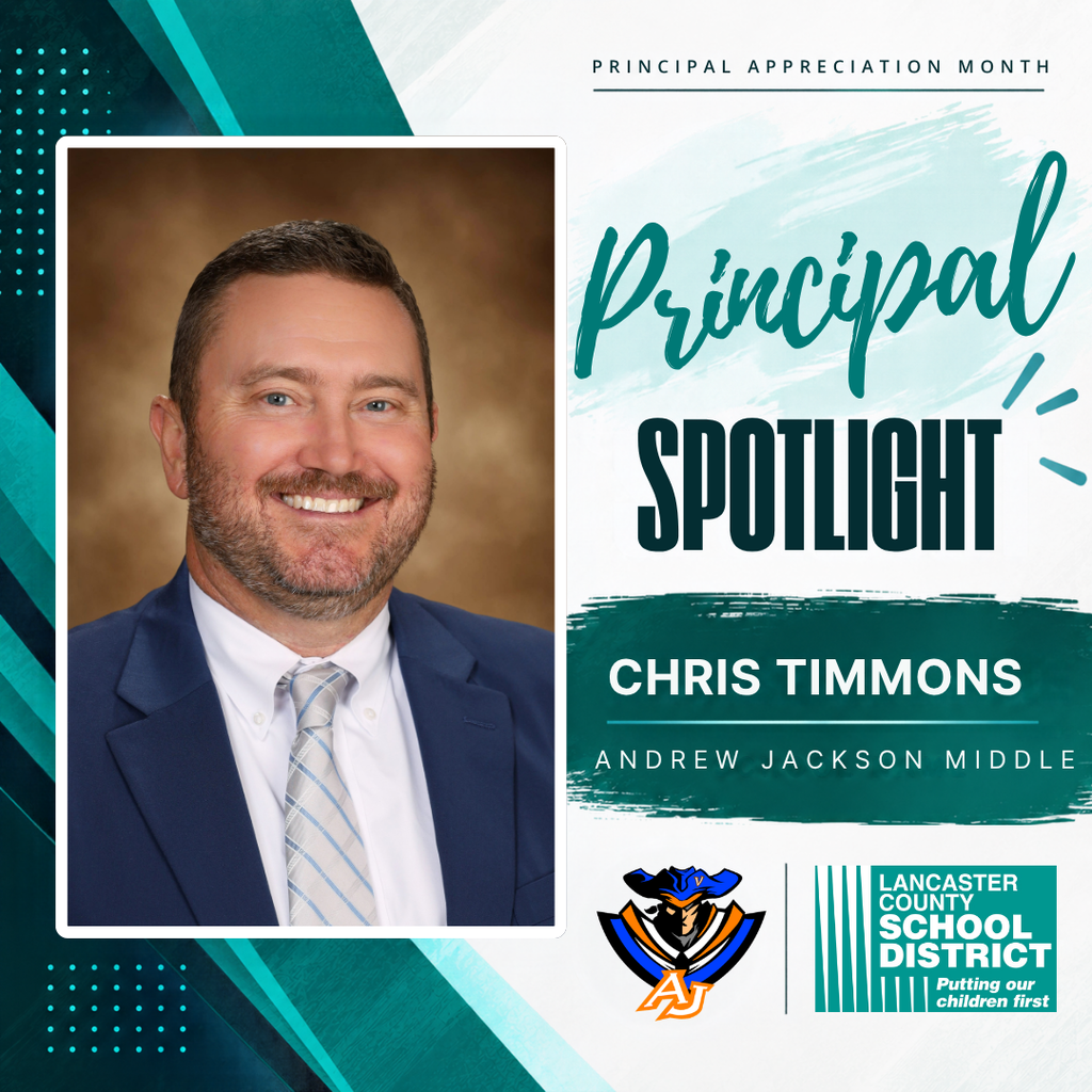 An advertisement with a smiling man in a suit and tie. Text reads "Principal Spotlight Chris Timmons, Andrew Jackson Middle." Logos below.