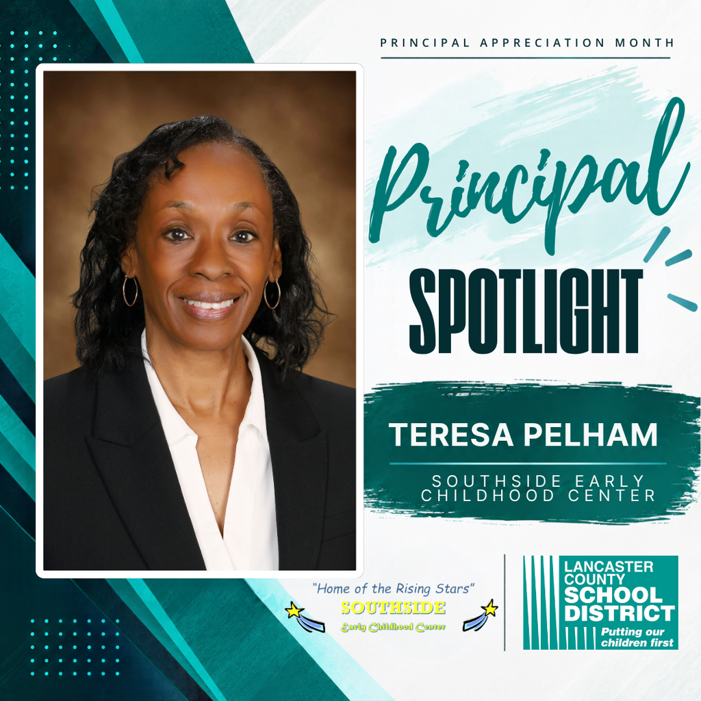 Person in formal attire with short hair, smiling, against teal and blue background. Text reads "Principal Spotlight Teresa Pelham Southside Early Childhood Center".