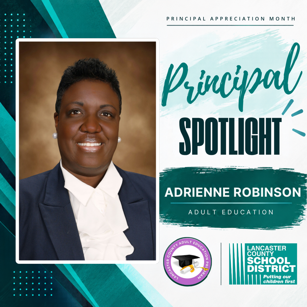 A woman with short hair, smiling, wears a white collared shirt and blue blazer. Text reads Principal Spotlight: Adrienne Robinson.