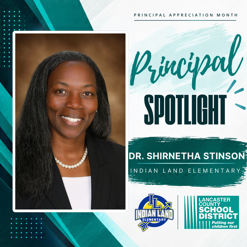 A woman with long black hair wearing a white shirt, black blazer, and pearl necklace. Text reads "Principal Spotlight" and "DR. SHIRETHA STINSON."