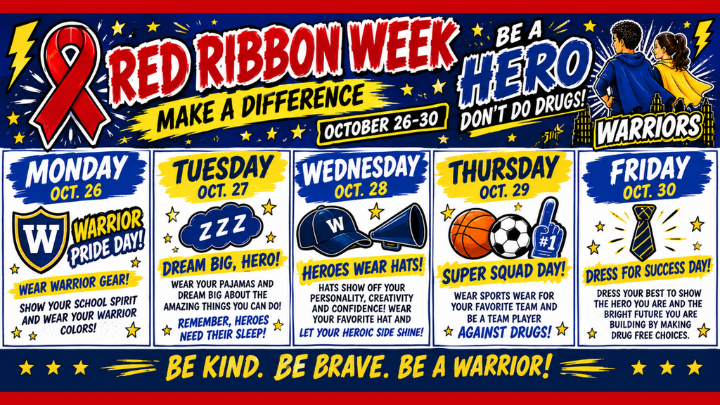 An advertisement for Red Ribbon Week, with a ribbon in the top left and several icons below.