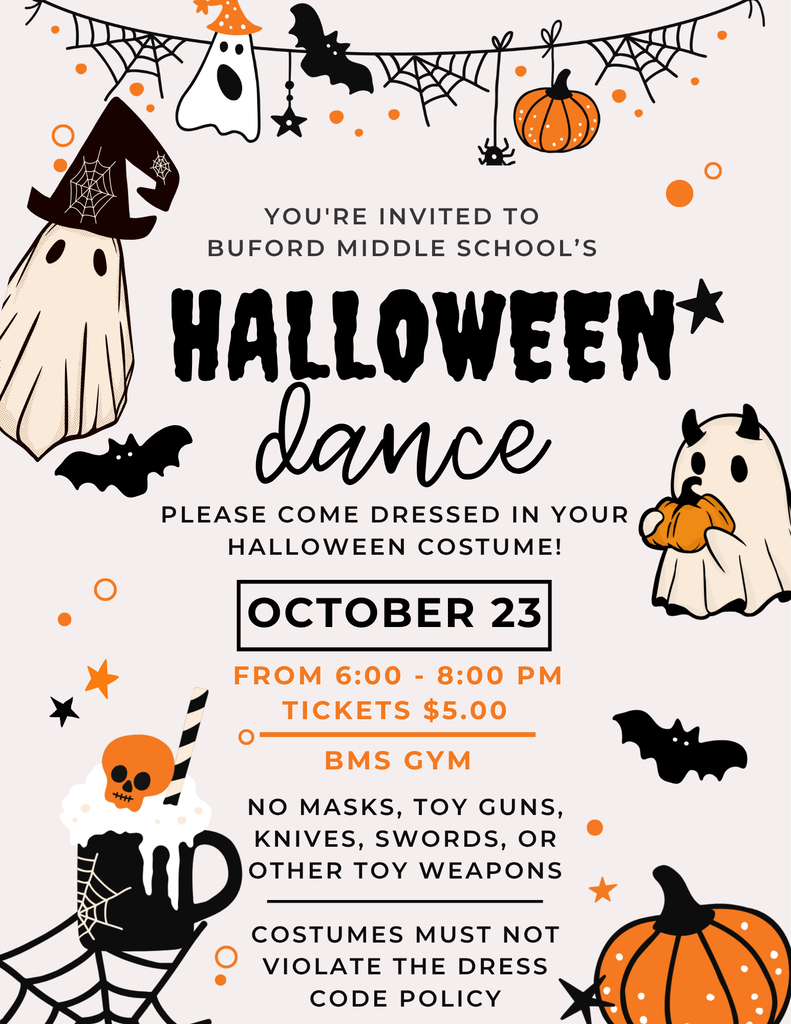 halloween dance poster for Oct 23 from 6-8 in the BMS Gym
