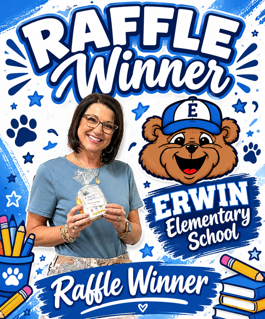 Erwin Elementary attendance clerk posing holding raffle prize.