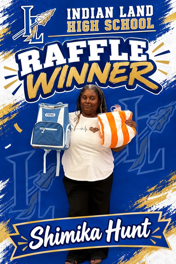 Indian Land High attendance clerk posing and holding raffle prize.