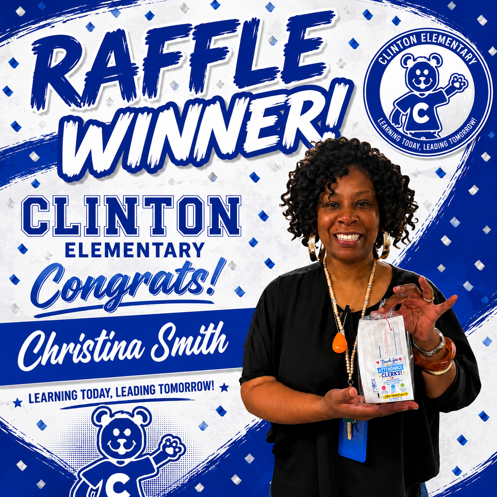 Clinton Elementary attendance clerk posing and holding raffle prize.