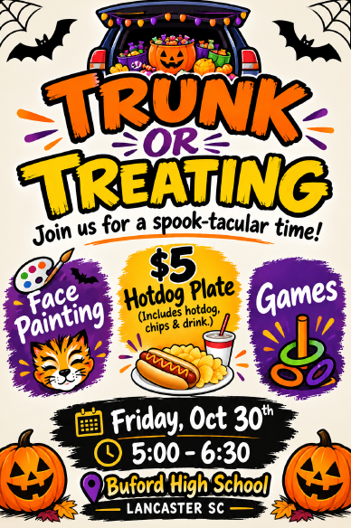 Poster for Trunk or Treating with icons for face painting, food, games, and pumpkins. Bats in corners.