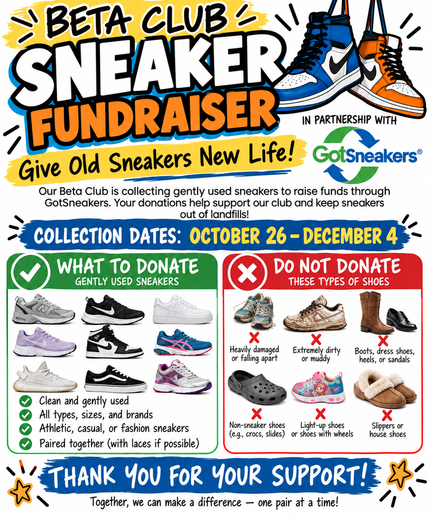 Flyer for Beta Club Sneaker Fundraiser. Green checkmarks next to sneakers. Red crosses next to boots and sandals.