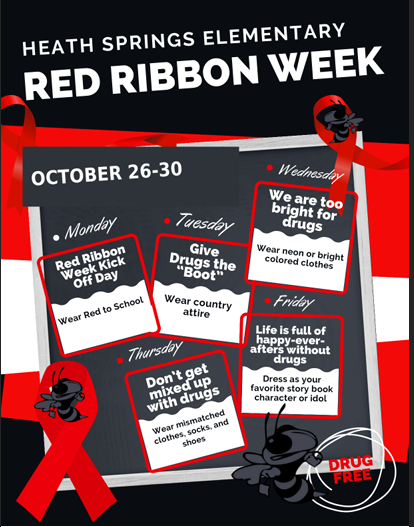 Black, red, white poster with a grid. It has six labels with text such as "Red Ribbon Week Kick Off Day".
