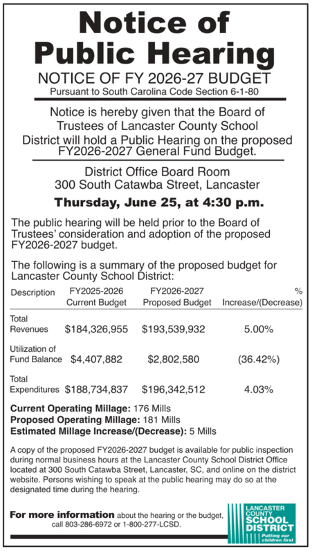 Notice of Public Hearing on June 25, 2026 at 4:30 pm at 300 S. Catawba St, Lancaster, SC -26-27 budget